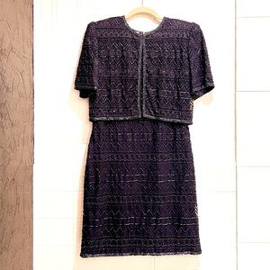 Vintage Dress Beaded Sequin Laurence Kazar Evening Cocktail Party Crop Jacket